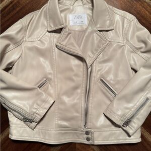 ZARA Girls Faux Leather Moto Jacket Cream Beige Size 6 (116)
